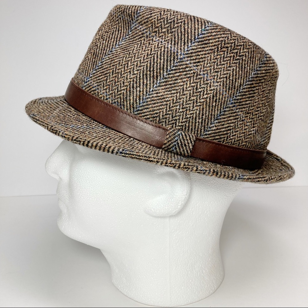 Herringbone Tweed  Brown Plaid Fedora Wool Brown Faux Leather Band Lined